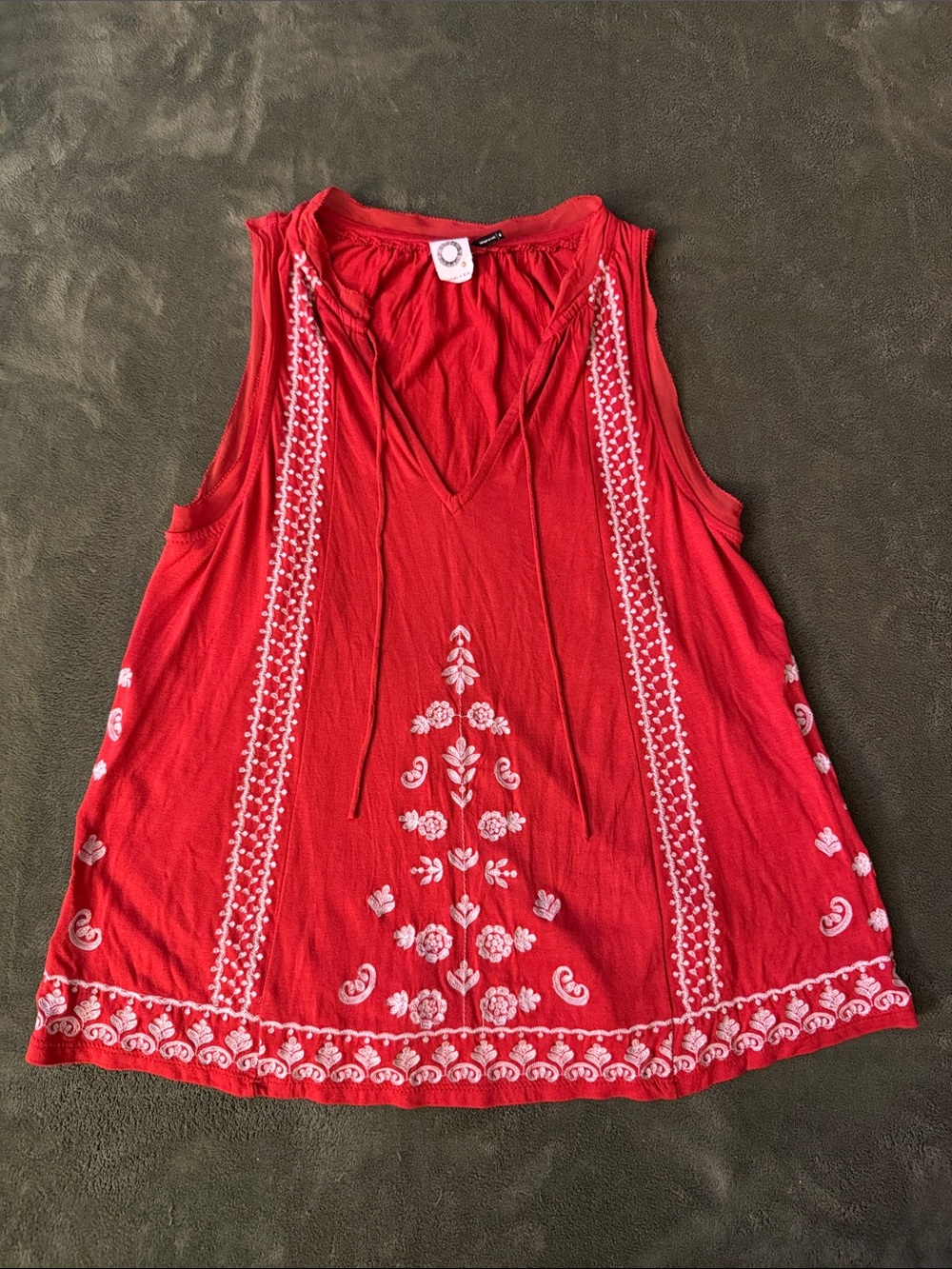 Anthropologie Red Embroidered Sleeveless V-Neck Top